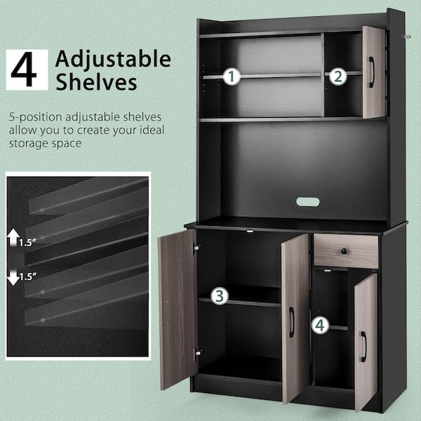 3-Door 71 inch Kitchen Buffet Pantry Storage Cabinet with Hutch and Adjustable Shelf, Black