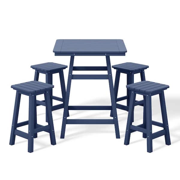 WESTIN OUTDOOR Laguna 5-Piece Fade Resistant HDPE Plastic Outdoor Patio Square Counter Height Bistro Set, Matching Barstools Navy Blue