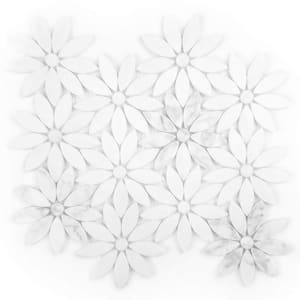 Tuscany Calacatta White Flower Deco Mosaic 4 in. x 4 in. Marble Decorative Wall Tile (10 Sq. ft./Case)
