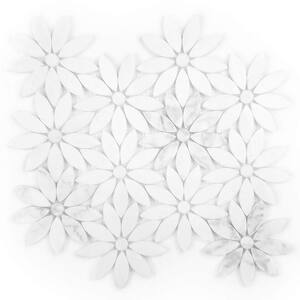 Hollywood Regency Calacatta White Flower Mosaic 4 in. x 4 in. Polished Marble Decorative Tile (10 sq. ft.)
