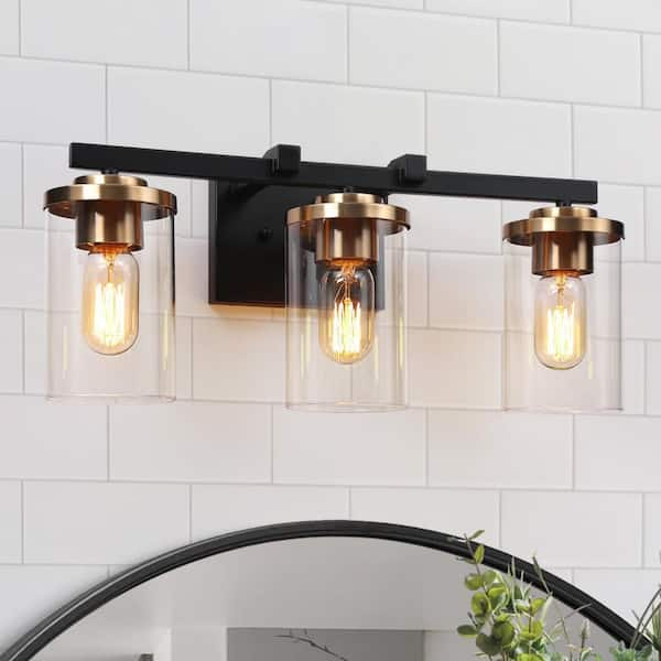 20 in. Modern 3-Light Black Vanity Light, Industrial Bathroom Wall Light with Cylinder Clear Glass, Brass DIY Bath Light