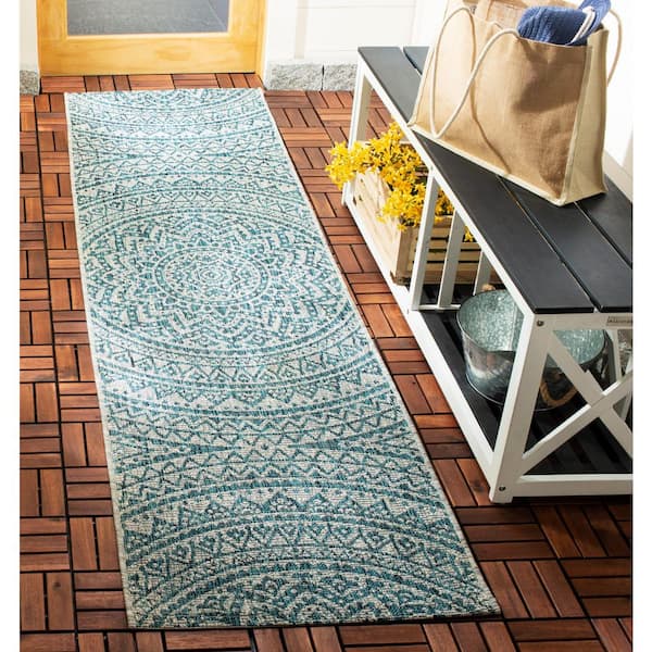 Courtyard Light Gray/Teal 2 ft. x 10 ft. Medallion Indoor/Outdoor Patio  Runner Rug