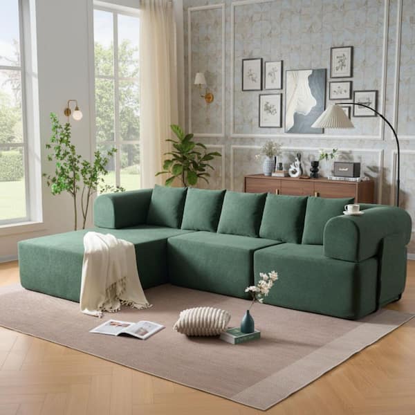 SHFU 106 in. Round Arm 2-Piece Velvet Modular Convertible with Sleeper Bed Sectional Sofa in Hunter Green
