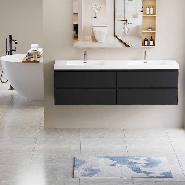 HBEZON Achilles 71 in. W x 20 in. D x 22.5 in. H Double Sink Floating Bath Vanity in Gloss Black with White Resin Top