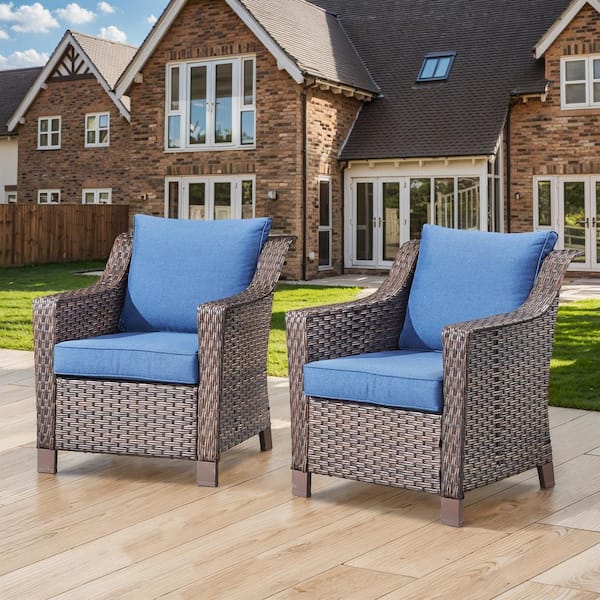 Opohoro Brown Wicker Outdoor Lounge Chair, All-Weather Wicker Armchair with Blue Cushions for Patio or Backyard Porch (2-Pack)