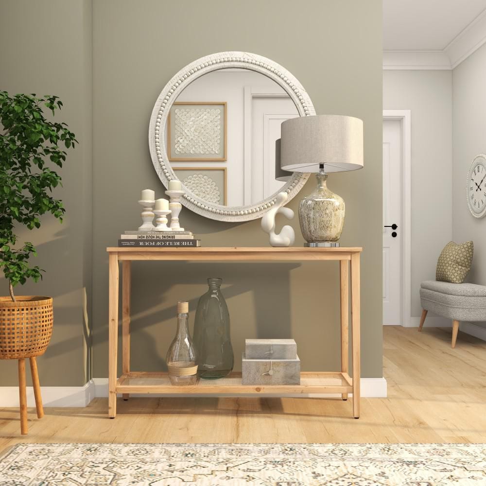 Litton Lane 36 in. x 36 in. Carved Wood Round Framed White Wall Mirror with Whitewashed Beaded Frame 042759