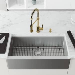 Oxford 36" Single Bowl Workstation Undermount Stainless Steel Farmhouse Sink with Ledge and Faucet in Matte Gold