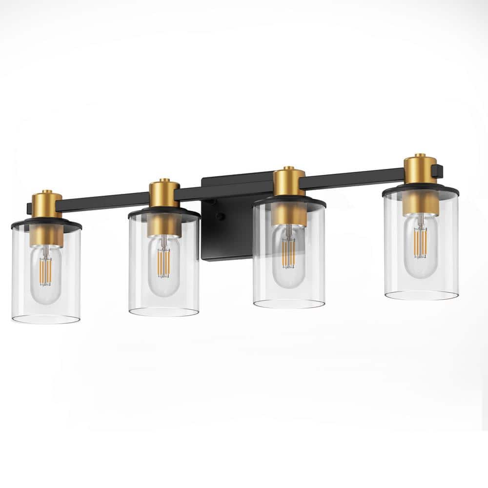 26 in. 4-Light Black Gold Bathroom Vanity Light Fixture, Clear Glass Shade Wall Sconce for Bathroom, Mirror, or Hallway price history on PriceWatchPro