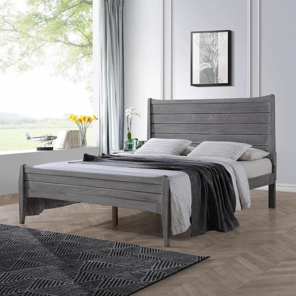 Rustic Gray Solid Wood Queen Platform Bed with Headboard