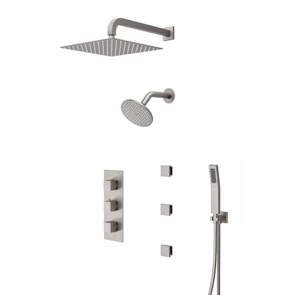 Crozet Thermostatic 8-Spray 3 Handle Wall Mount Dual Shower Head with Body Jet Shower Faucet 2. 5GPM in Brushed Nickel