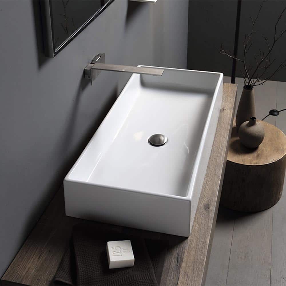 Teorema White Rectangular Ceramic Vessel Sink, 31.69 Inches