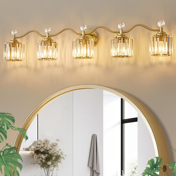 Modern Luxury 44.5 in. 5-Light Gold Vanity Light with Crystal Shade for Bathroom