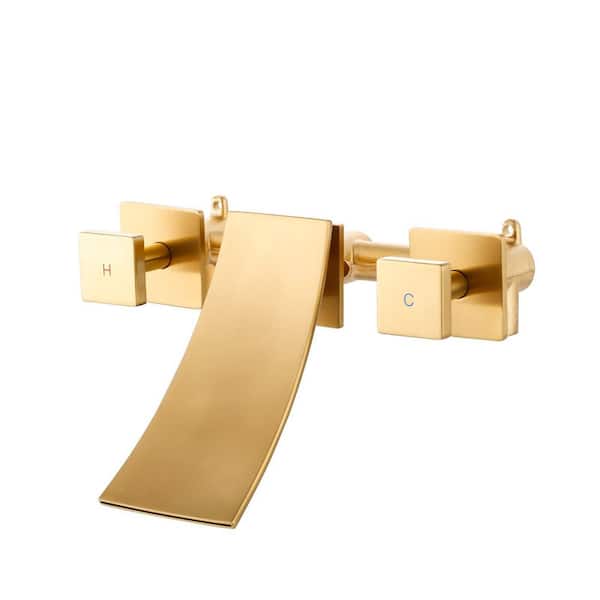 Double Handle Wall Mounted Bathroom Faucet with Waterfall Spout in Brushed Gold