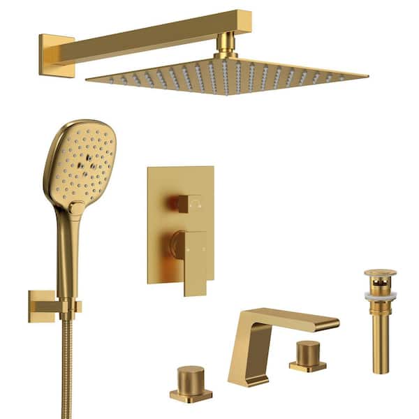 Pressure Balance 2-Spray Wall Mount 10 in. Fixed and Handheld Shower Head 2.5 GPM in Brushed Gold with Basin Faucet