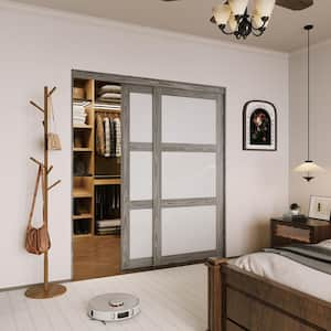 72 in. x 80 in. 3-Lites Tempered Frosted Glass Dark Walnut MDF Closet Sliding Door with Hardware Kit