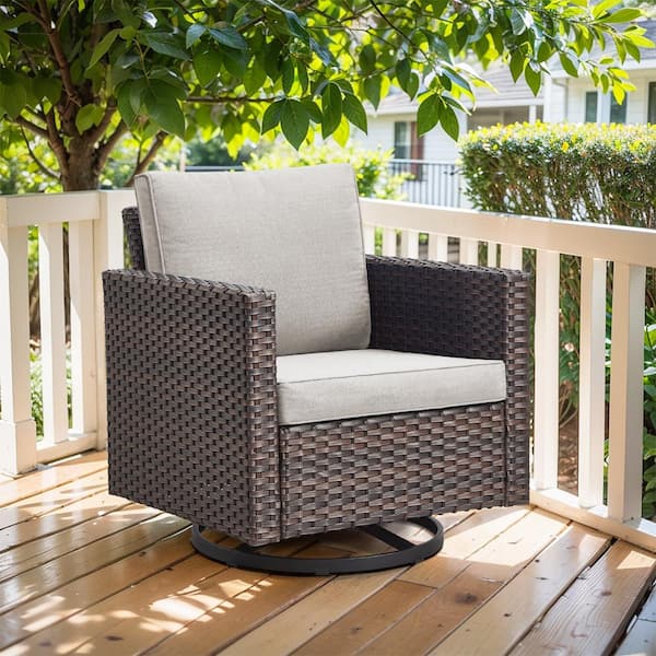U-Foot Brown Swivel Glider Wicker Outdoor Rocking Chair with Beige Cushion (1-Pack)