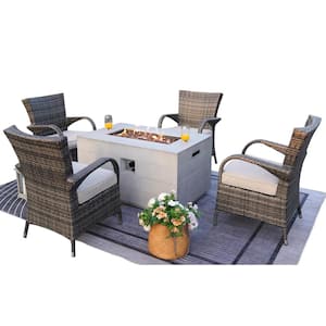 Tilia 5-Pieces Rock and Fiberglass Fire Pit Table Conversation set with 4 Wicker Chairs with Gray Cushions