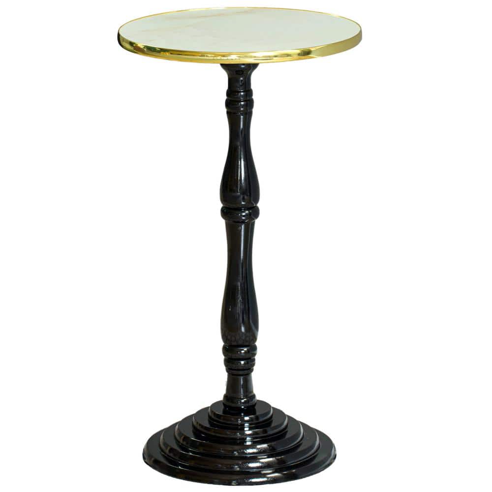 Espresso Wooden Round Pedestal Side Table with Glossy Marble Top