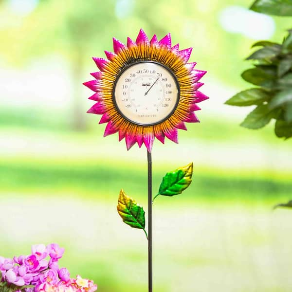 Solar Galvanized Metal Flower Thermometer Garden Stake