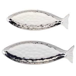 Silver Coast 8.5 in. Silver Porcelain Oval 3-D Fish Platter (Set of 2)