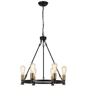 6-Light Black and Gold Industrial Wagon Wheel Chandelier, Hanging Ceiling Light for Kitchen Island