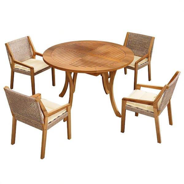 5-Piece Premium Acacia Wood Outdoor Dining Set with Beige Cushion (1 Round Table + 4 Chairs)