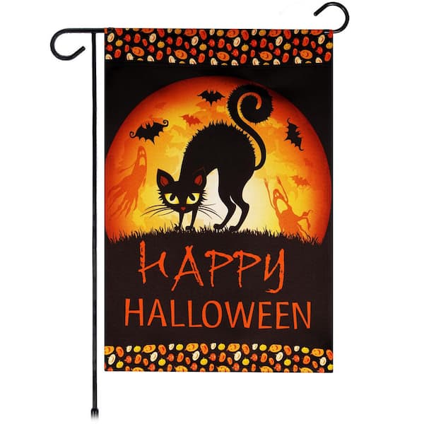 1 ft. x 1.5 ft. Polyester Happy Halloween Black Cat and Ghosts Garden Flag 2-Sided Printed