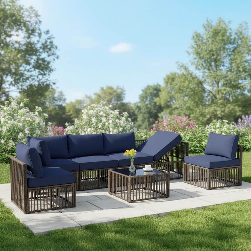 7-Piece Brown Metal Outdoor Sectional Set with Blue Cushions, Adjustable Backrest and a Coffee Table for Porch price history on PriceWatchPro