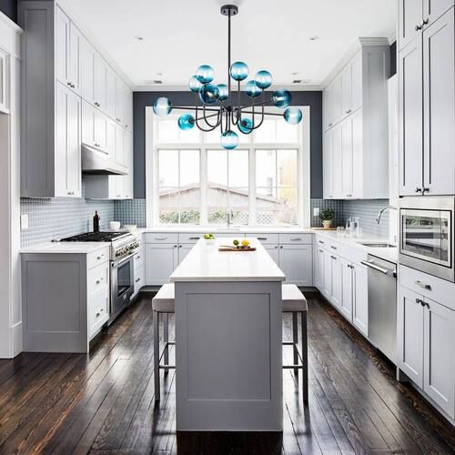 Xochitl 13-Light Mid-Century Modern Black Linear Sputnik Gradient Blue Glass Globe Bubble Chandelier for Living Room Lighting