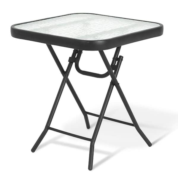 Steel Patio Folding Outdoor End Bistro Tables Portable Small 17.5" Square Tempered Glass Top Dining Coffee Black