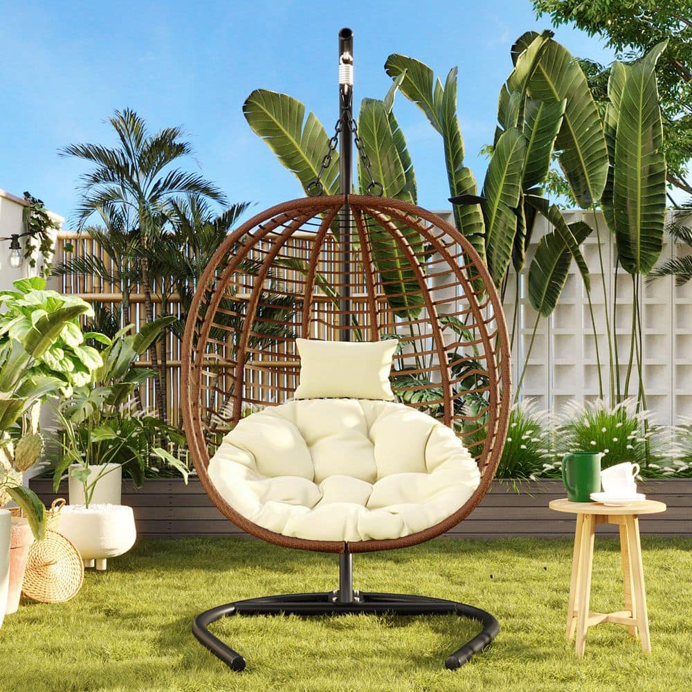 1-Person Outdoor Brown Foldable Swing Egg Chair with Beige Cushion, Pillow Cover Adjustable Metal