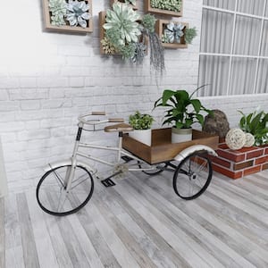 24 in. White Metal Bike Indoor Outdoor Plantstand with Brown Wood Accents