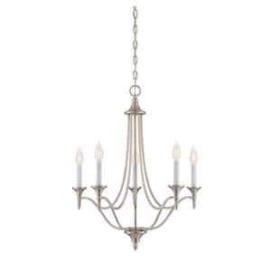 Herndon 21 in. W x 27.5 in. H 5-Light Satin Nickel Metal Chandelier with Cone Finials and Curved Holders