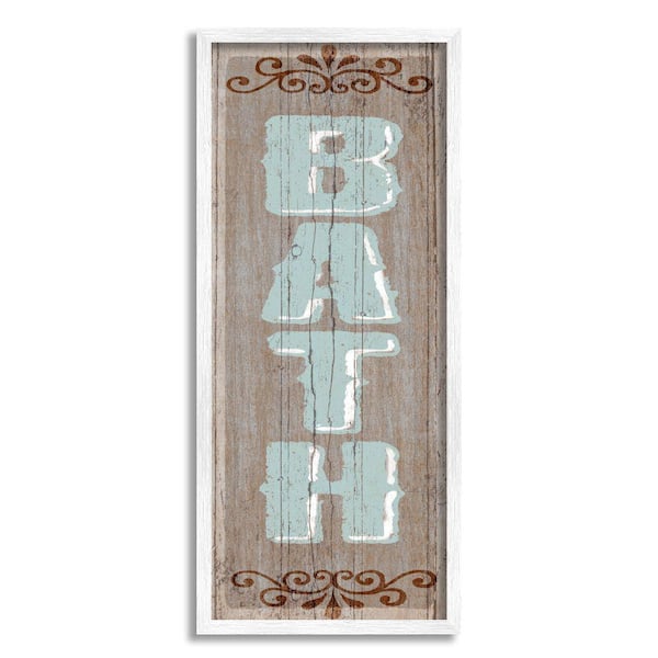 Stupell Industries Rustic Bath Sign Blue Brown Bathroom By Art Licensing Studio Framed Print Abstract Texturized Art 10 in. x 24 in.
