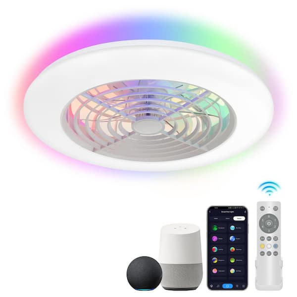 19 in. Smart Indoor White Low Profile Ceiling Fan with RGB Light, APP Control and Remote Control
