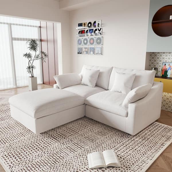 Modular Oversized Seat 83 in. Plush Linen Flared Arm Loveseat Cloud Couch Sofa with Ottoman, Washable Cover in White