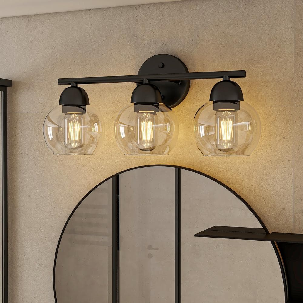 Black Metal 3-Light Dimmable Vanity Light with Clear Glass Shades