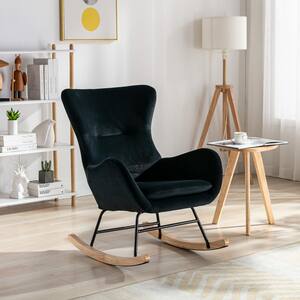 Black Velvet Fabric Padded Seat Rocking Chair with High Backrest and Armrests