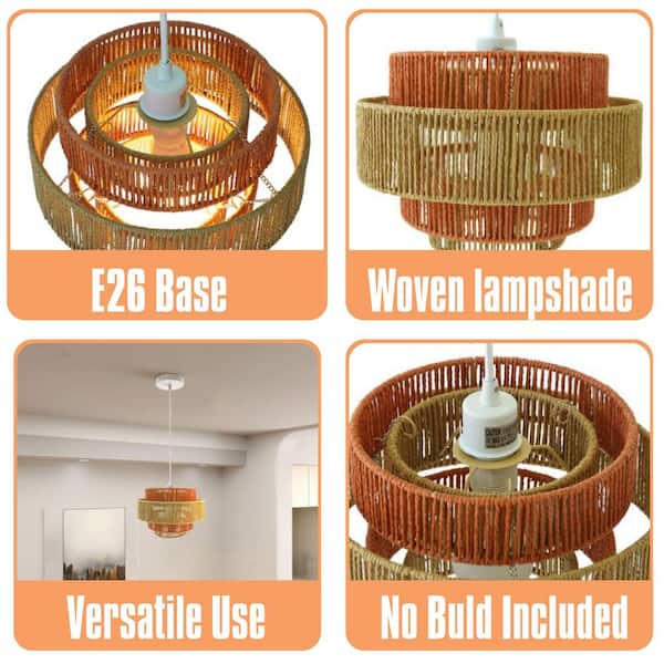 Vintage 1-Light Orange Pendant Chandelier with Paper String Weave Design Round Chandelier for Living Room(No Bulbs)