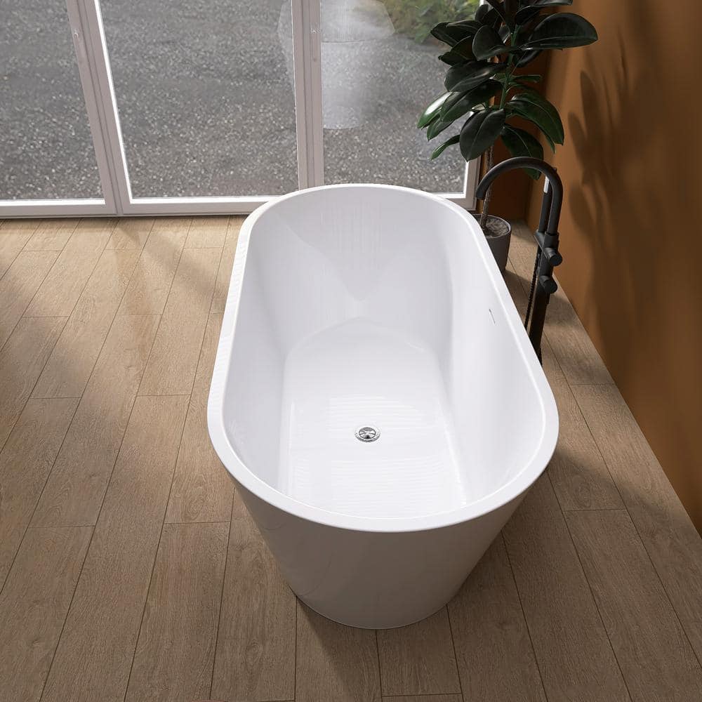 55" Glossy White Acrylic Freestanding Soaking Bathtub