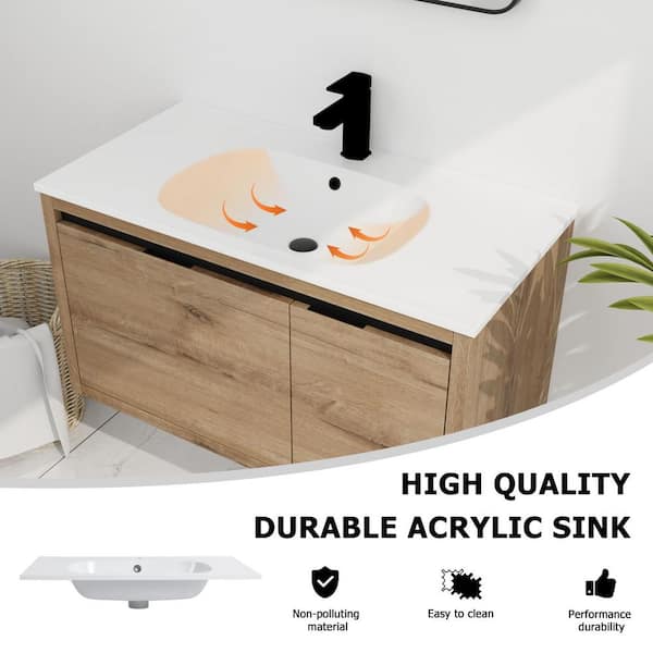 Modern 35.4 in. W x 18.1 in. D x 19.7 in. H Floating Bath Vanity in Imitative Oak with White Resin Top