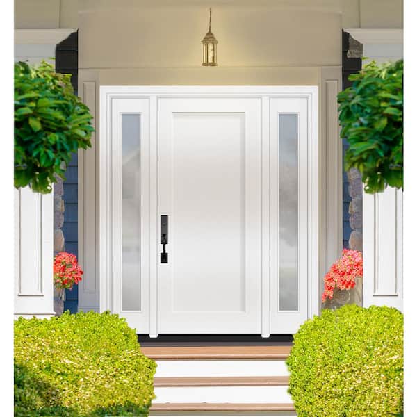 Legacy 60 in. x 80 in. 1-Panel Shaker RHIS Unfinished White Fiberglass Prehung Front Door w/Clear 10 in.SLs 6-9/16 Jamb