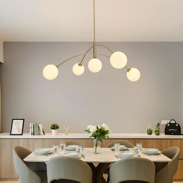 41.3 in. 5-Light Gold Sputnik Chandelier with White Globe Glass Shade for Living Room with No Bulbs Included