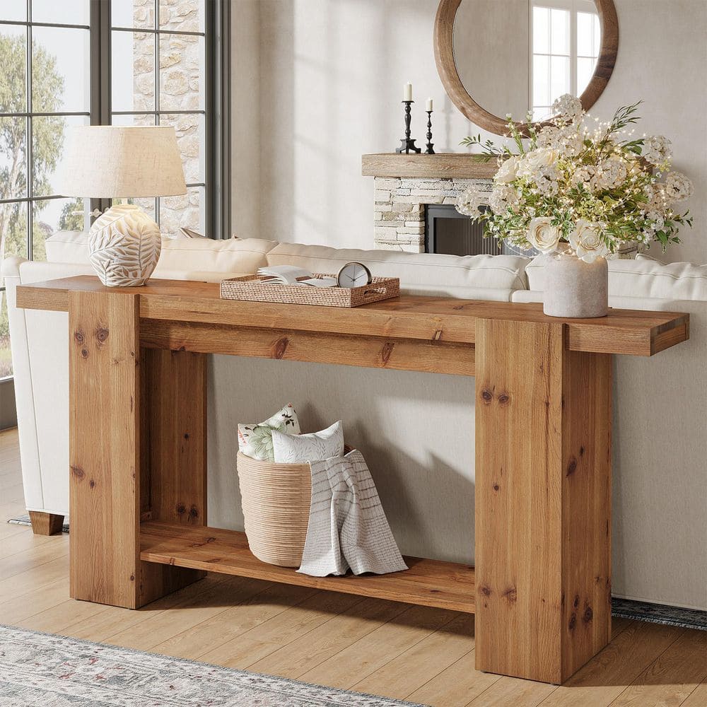 Turrella 63 in. Brown Rectangle Solid Wood Console Table with Shelf for Entryway, Living Room