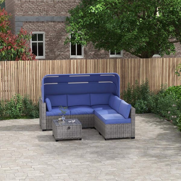 6-Pieces Wicker Patio Conversation Set Outdoor Daybed with Retractable Canopy with Adjustable Backrest Blue Cushions