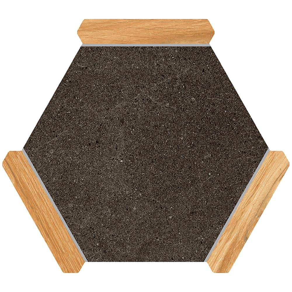 Matte Black and Brown Porcelain Hexagon Tile with Wood Accents