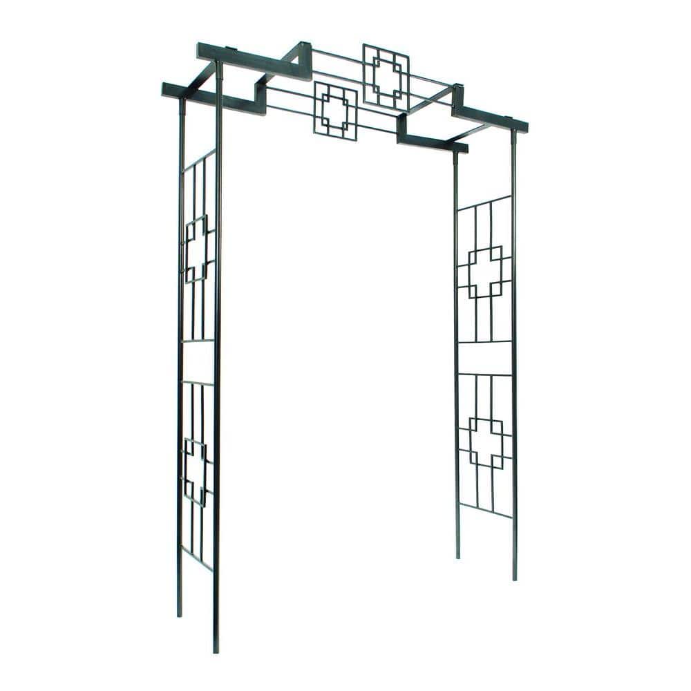 ACHLA DESIGNS Elegant Handcrafted Square-on-Squares Garden Arbor II, 95.5 in. Tall Graphite Powder Coated Finish, Black Create an elegant garden entrance with a handcrafted wrought-iron arbor by Achla Designs. We make a wide variety of sizes and decorative styles to fit every garden. This arbor is part of our square-on-squares collection, which was inspired by modern architecture fascination with right-angled shapes. The overlapping squares create a group of clean and simple designs. There are many items available in this collection, so you can have a unified theme for your landscaping. Combine this arbor with the matching square-on-squares fence, gate, or bench for a Complete look. This beautiful design looks great in any vegetable, flower, or Zen garden. The arbor is almost 8 feet tall and 5 feet wide, with a depth of 1.5 feet, providing plenty of room for passage beneath. It can be placed over a walkway or over a bench seat. The sides of the arbor can be used as climbing plant supports. Place the arbor near a lattice or trellises and let vines grow between them. 4 spiked stakes are included for securing the arbor in the ground. This arbor makes an excellent decoration for patios as well. Prepare your yd and garden for an outdoor summer party. Our garden arbors are designed to ship flat, and they're easy to set up. Put together using slip-in components, no tools or screws are necessary. Color: Black.