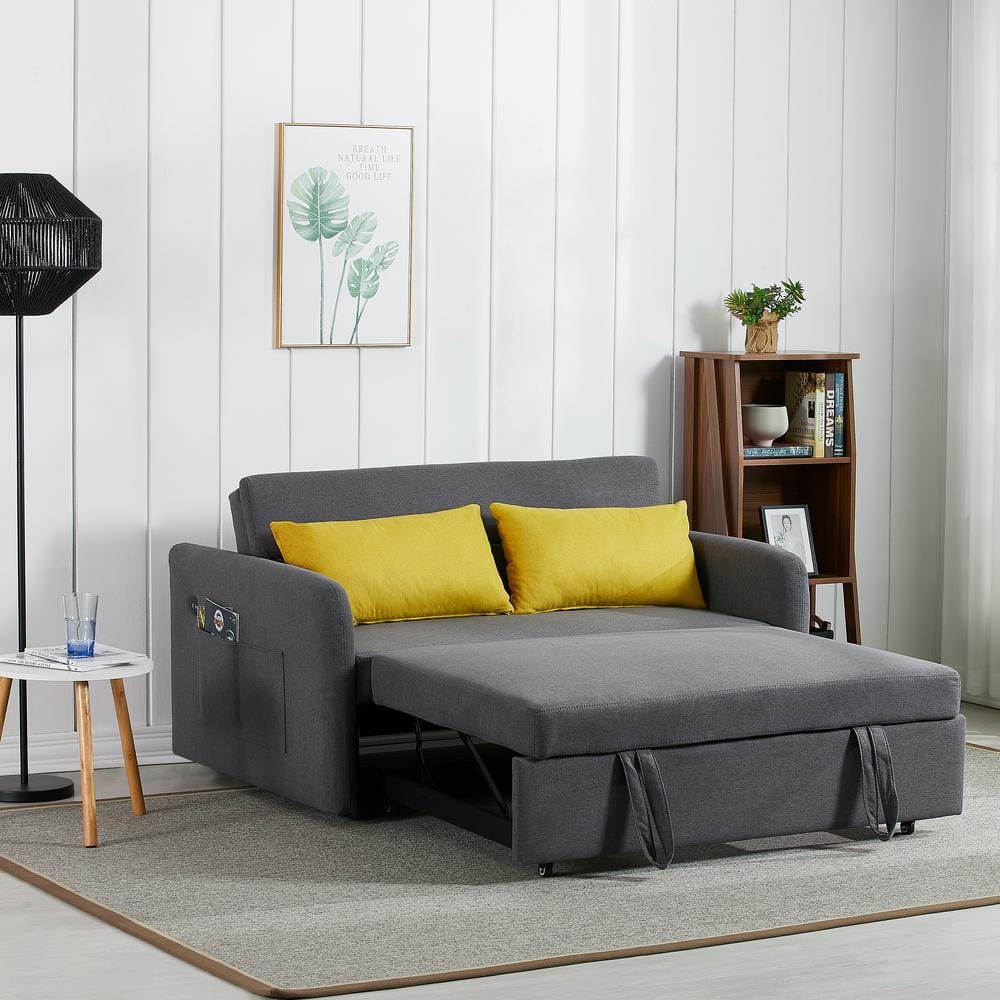 Harper & Bright Designs 55.5 in. Gray Polyester Twin Size Sofa Bed with 2 Pillows, USB Socket