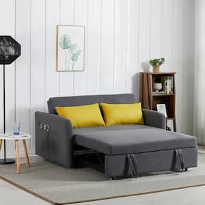 55.5 in. Gray Polyester Twin Size Sofa Bed with 2 Pillows, USB Socket and Side Pockets