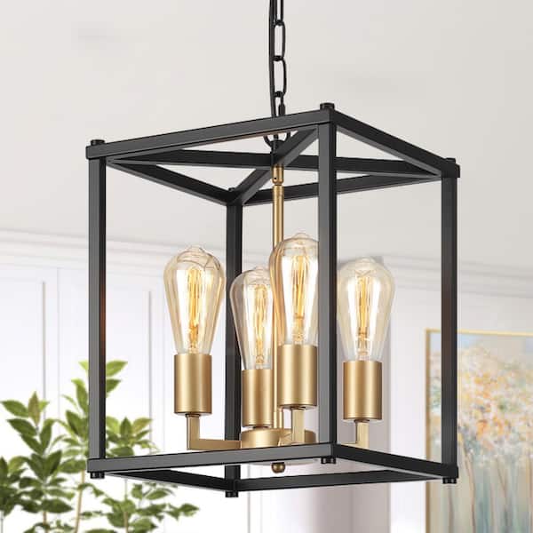 ZSMIHDOH 11.5 in. 4-Light Black and Gold Farmhouse Lantern Square / Rectangle Chandelier for Kitchen Island Dining Room